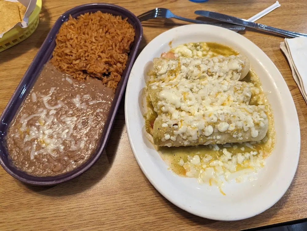Enchiladas Verdes with Beans and Rice